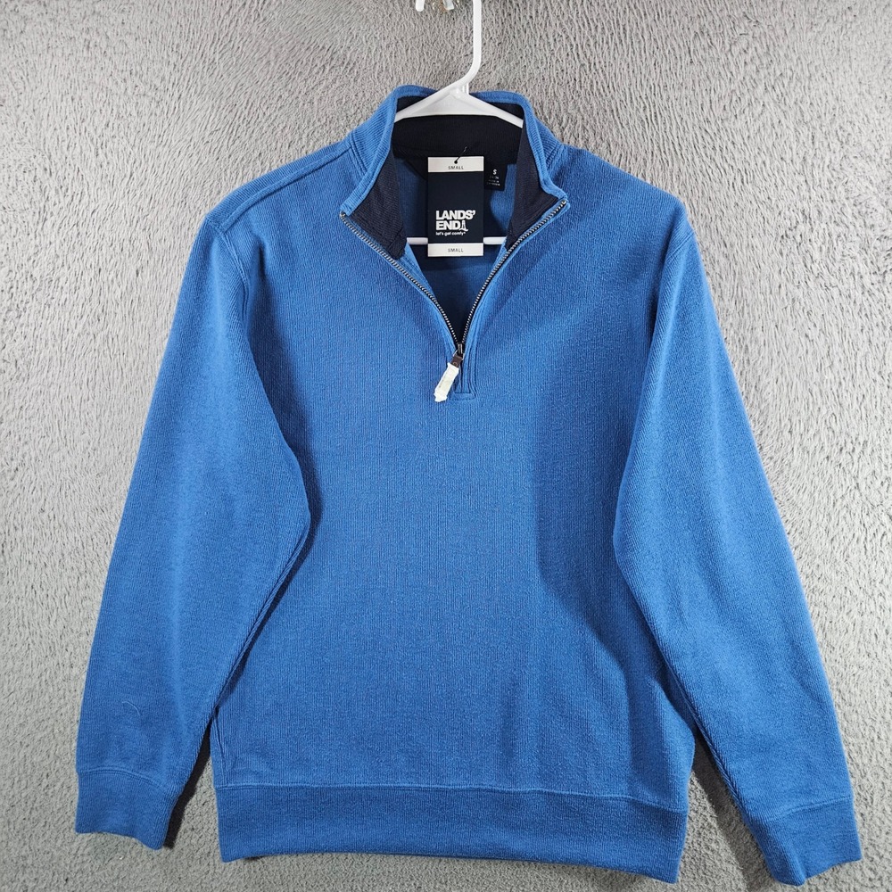 Lands' End Mens Ribbed Quarter Zip Pullover Mariner Blue Small NWT NEW